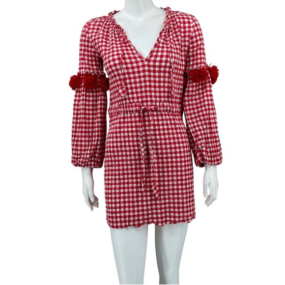 Misa Dress Women Small Red White Gingham Lisseth Mini Tassels Boho Picnic Summer